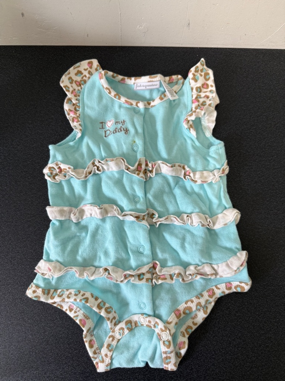 First Impressions Aqua Ruffle Romper with Leopard Trim Y2K